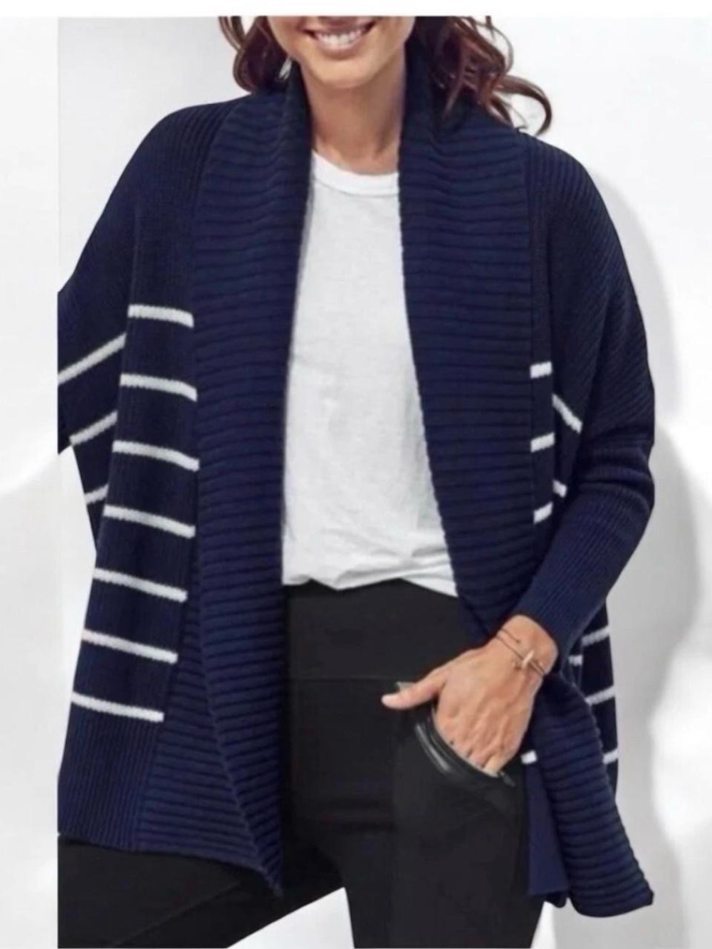 Athleta Navy Oversized Peaceful Wrap Chunky Cardigan Sweater Size Small Stripe